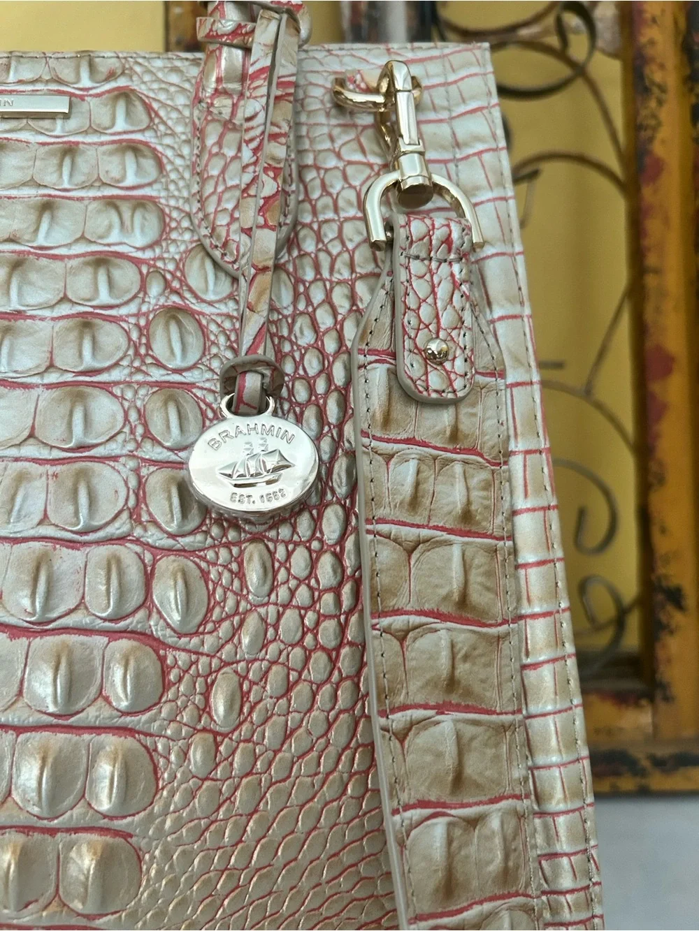 Brahmin Caroline Satchel Sunkiss Melbourne Croc Embossed Leather NWT old money